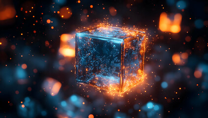 Poster - A glowing cube surrounded by vibrant particles of blue and orange, depicting a futuristic and dynamic digital landscape.