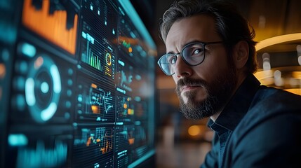 Business professional using a digital dashboard to assess analytics data, modern office, interactive charts and graphs showing business insights.