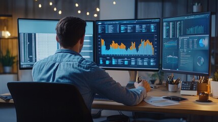 Poster - A financial analyst reviewing a 3D bar graph with detailed data on a multi-screen setup, showing trends and comparisons in a modern workspace