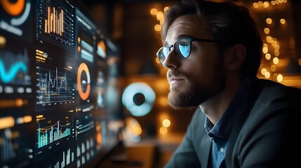 Business professional using a digital dashboard to assess analytics data, modern office, interactive charts and graphs showing business insights.