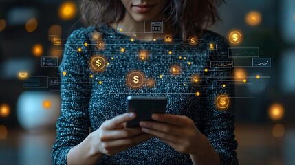 Wall Mural - A person using their smartphone for digital banking, with holographic currency symbols and real-time financial data projected.