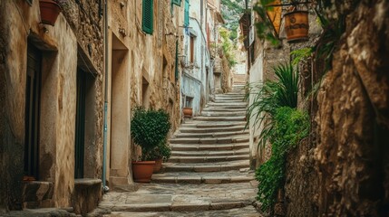 Poster - A picturesque alleyway with stone steps and greenery in a charming village setting.