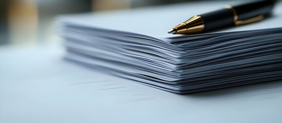 A close-up of a stack of documents beside a luxury pen, symbolizing professionalism and organization in an office setting.