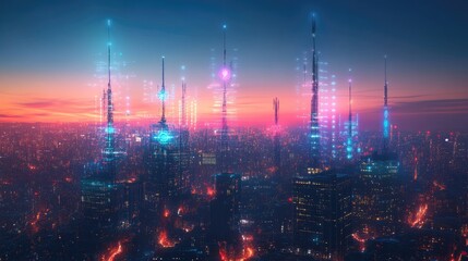 Poster - A futuristic cityscape with tall radio towers emitting glowing waves, symbolizing the role of radio in modern communication networks.