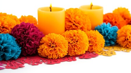 Colorful marigold flowers with lit candles on a decorative mat, perfect for festive and celebratory decor.