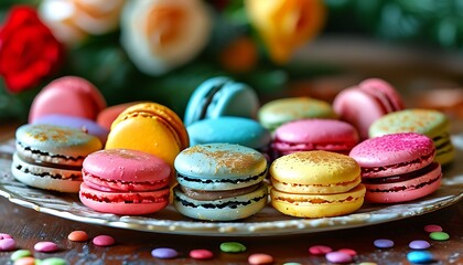 Delicious macaroons arranged on festive table, celebrating the good times with colorful display.