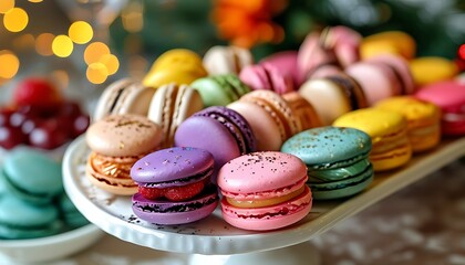 Delicious macaroons arranged on festive table, celebrating the good times with colorful display.