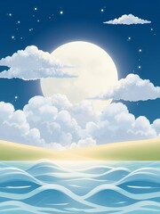 Sticker - Peaceful night scene with a full moon over the ocean.