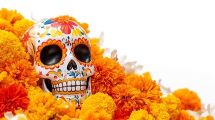 Colorful sugar skull nestled among vibrant marigold flowers, representing the Day of the Dead celebration with rich cultural significance.