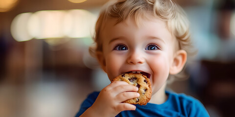 Close up portrait of a happy toddler kid eating a fresh baked cookie, blurred background