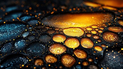 Poster -   A macro shot featuring water droplets on a reflective surface bathed in golden illumination