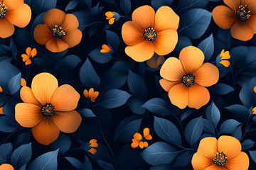 Poster - Vibrant orange flowers on a dark navy background create a stunning floral pattern ideal for various design projects.