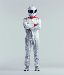 Full-length of racer standing with crossed arms, full gear, driver exudes calm and confidence, ready for any challenge on the track.