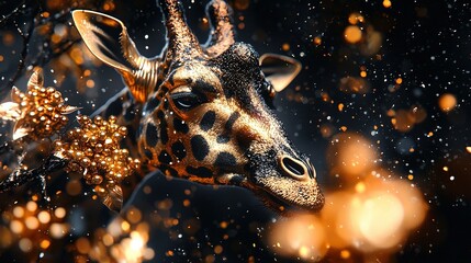   Giraffe head close-up, tree branch in fg, snowflakes bkg