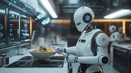 Futuristic robotic chefs preparing gourmet meals autonomously: A kitchen filled with robots cooking intricate dishes.