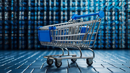 e-commerce blue to the transactional silver background with shopping carts. Ai generative 