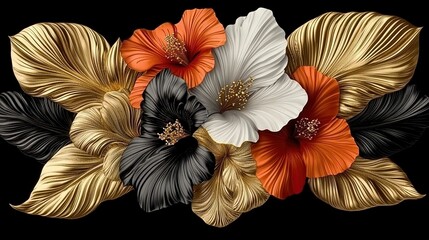 Poster -   A macro image of a flower cluster on a dark backdrop, featuring gold, white, and crimson blooms in focal focus