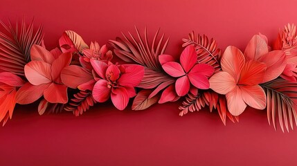 Wall Mural -   Close-up of vibrant flowers on a bright red backdrop, adorned by a row of lush green foliage