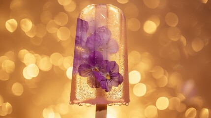 Poster - Popsicle with a flower, specifically a pansy, frozen inside it. The background is a bokeh effect with golden light, suggesting a festive or warm setting