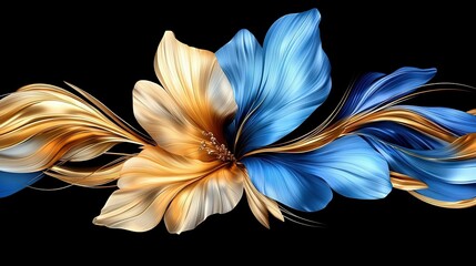 Sticker -   Blue-yellow flower close-up with gold-blue petals on black background