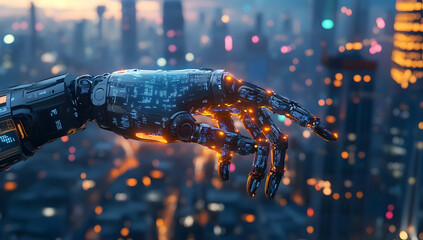 Poster - Futuristic robotic hand with glowing elements reaching out in a vibrant cityscape, showcasing advanced technology and innovation.