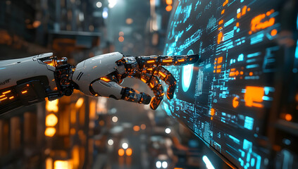 Poster - A futuristic robotic hand interacts with a glowing digital interface, symbolizing advanced technology and innovation in automation.