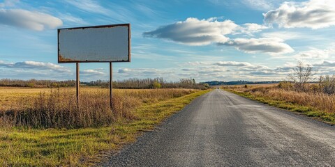 Empty sign beside a rural road under a blue sky.