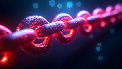 Poster - Close-up of a glowing red chain link, showcasing intricate details and vibrant color, ideal for technology and connection themes.