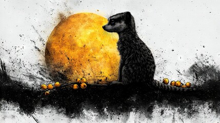 Canvas Print -  A black cat sits on a hill with a giant yellow fruit in front of it in a painting