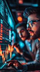 Poster - A focused businessman in glasses stares intensely at financial data displayed on a computer screen while working late at night in a dimly lit office.