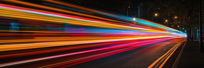 Wall Mural - Colorful Light Trails of Traffic Moving Through City Streets at Night, Long Exposure Photography Creating Vibrant and Dynamic Motion Effects, Abstract Light Art