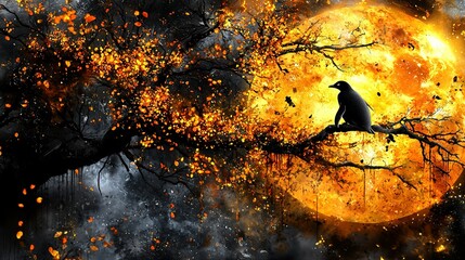 Wall Mural -   A spooky yellow tree branch cat sits in front of a full moon, depicted in the painting