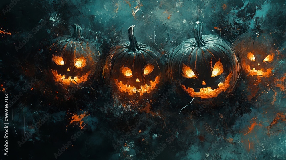 Spooky halloween jack o' lantern eyes glowing in the dark with ghostly ...