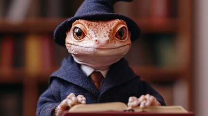  Gecko dressed as a wizard with a tiny pointy hat, standing on a spellbook, [wizard gecko], [magical reptile].