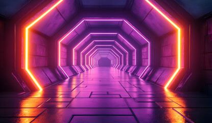 Poster - A futuristic hallway glowing with vibrant neon lights, creating a mesmerizing atmosphere for sci-fi or cyberpunk themes.
