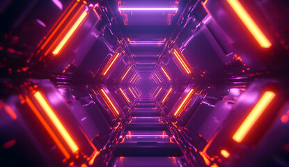 Poster - A vibrant, futuristic tunnel illuminated by neon lights, creating a mesmerizing atmosphere for technology and science fiction themes.