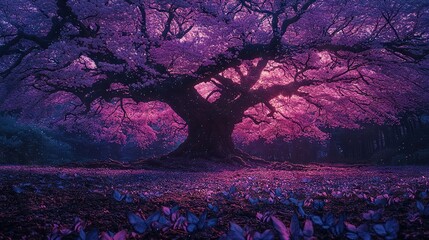 Wall Mural -   A tree with purple flowers stands tall amidst a green field Purple sky above