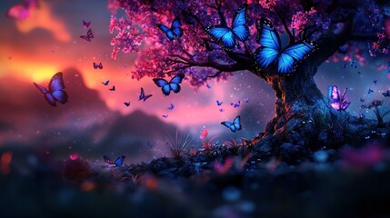 Wall Mural - a stunning depiction of a tree adorned with blue butterflies against a backdrop of an enchanting sun