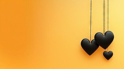 Wall Mural -   A pair of black hearts dangling from a yellow wall, with a string of black hearts swaying from the strands