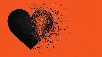 Wall Mural -   Black heart on orange background with black paint sprinkled in heart shape