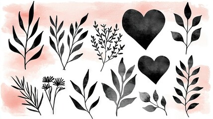 Wall Mural -   Black-and-white floral arrangement on a pink backdrop with a black heart above