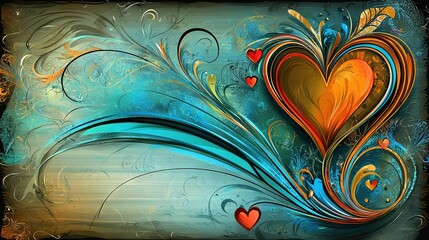 Wall Mural -   A painting of a heart with swirls and hearts on a blue and yellow background with swirls and hearts