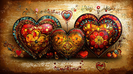 Wall Mural -   Painting of three heart-shaped hearts on a brown background, accented with red, blue, yellow, and green for added contrast