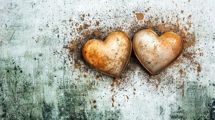 Wall Mural -   Heart-shaped cookies sit atop a dirt-covered cement floor, sprinkled with brown dust