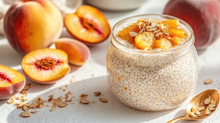   A bowl of oatmeal with peaches and granola on a table next to sliced peaches