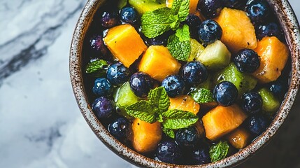 Poster -   A white marble countertop holds a bowl brimming with blueberries, kiwis, and fresh mint