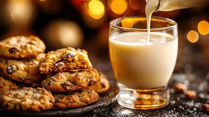 Wall Mural -   A glass of milk being poured onto a plate filled with cookies and a pile of extra cookies nearby