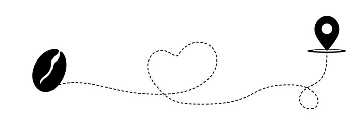 Itinerary dashed trace heart shape, coffee bean, dotted path, romantic aircraft tracking simple minimal trip isolated on white background. Plan with start point