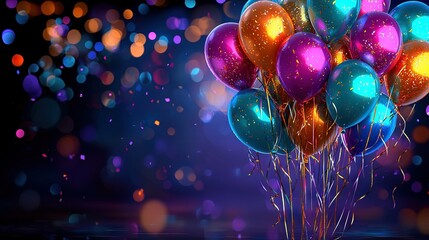 Poster -   A group of balloons float on a blue and purple backdrop against a blurry bokeh of lights