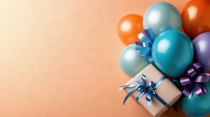 Wall Mural -   A group of balloons and a present adorned with brown paper and a blue ribbon and bow